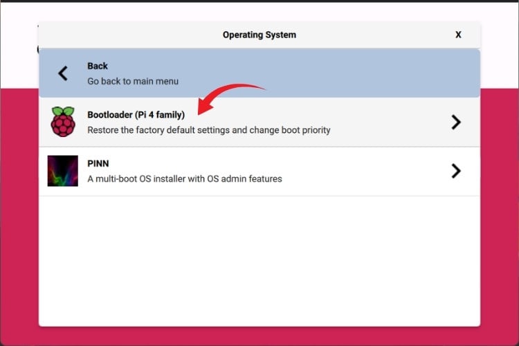 Selecting bootloader utility in Raspberry Pi Imager for firmware update