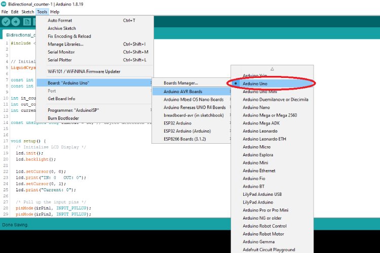 Selecting The Board Arduino UNO in Arduino IDE