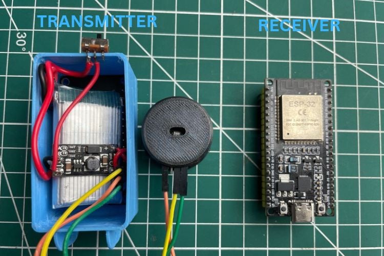 Contactless water level monitoring hardware: transmitter ESP32 with LiPo battery and boost converter in a 3D-printed enclosure, and a receiver ESP32 Transmitter (left, in its enclosure) and receiver (right) hardware.