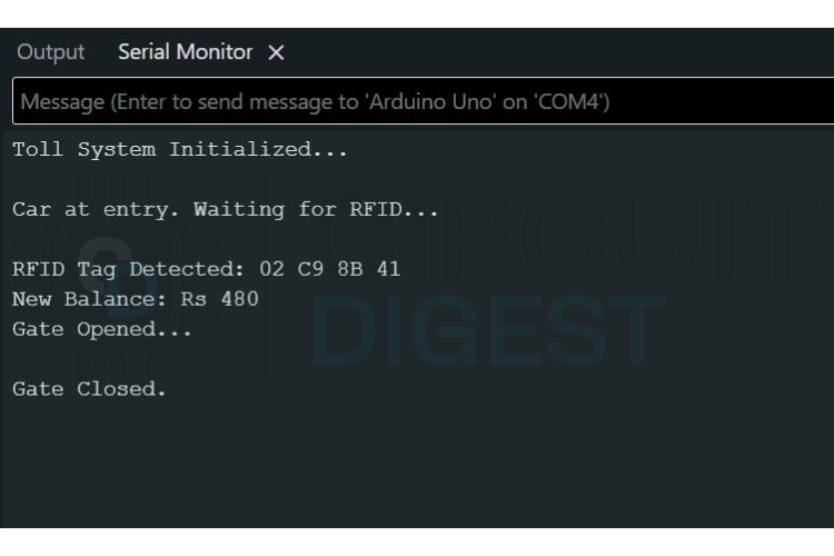 Serial monitor showing successful RFID authentication, balance deduction, and automatic toll gate opening in Arduino project
