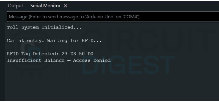 Hand holding RFID card near RC522 reader module to authenticate and open automated toll gate barrier