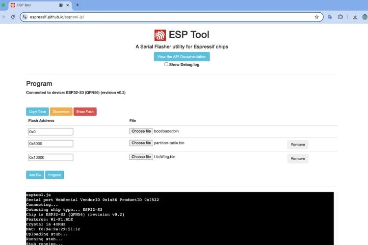 Flashing Litewing binary files using ESP tool js
