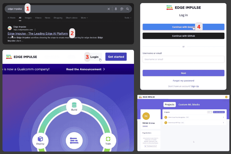 Edge Impulse login page for ESP32 speech recognition offline model training platform