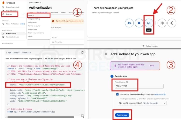 Generating a Web API key in Firebase settings for ESP32