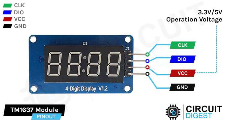 TM1637 4 Digit Seven Segment Display Module Pinout