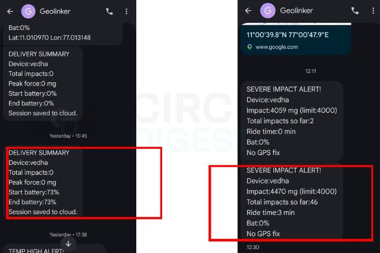 SMS alert notifications from smart parcel tracking system showing impact and summary reports