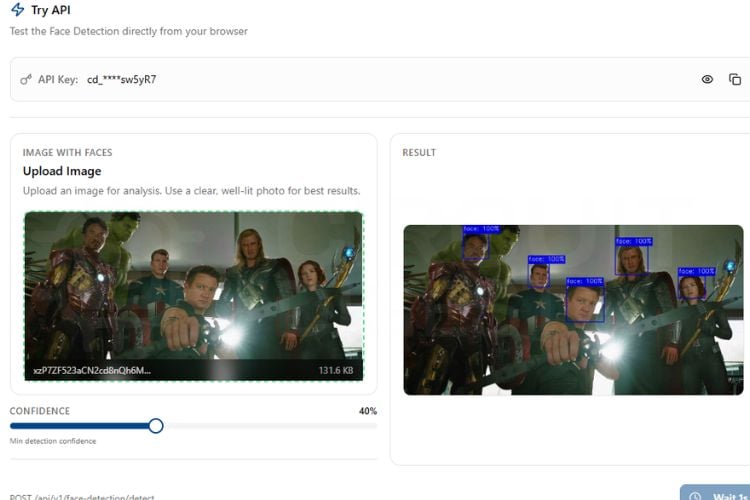 CircuitDigest Cloud face detection API output showing detected faces with bounding boxes and confidence scores