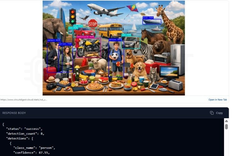CircuitDigest Cloud Try API test result showing detected objects, object count, and confidence scores for a sample image