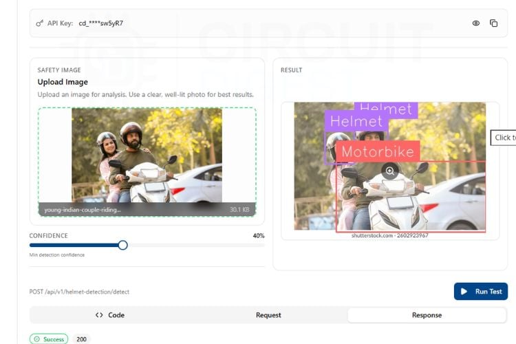 Try API result showing helmet detection output — persons with helmets, without helmets, and motorbike count