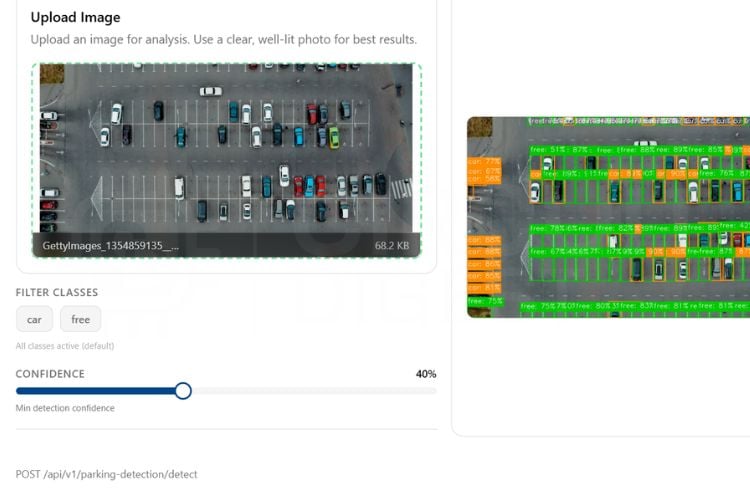 CircuitDigest Cloud parking detection API test result showing annotated image with occupied and empty slot counts