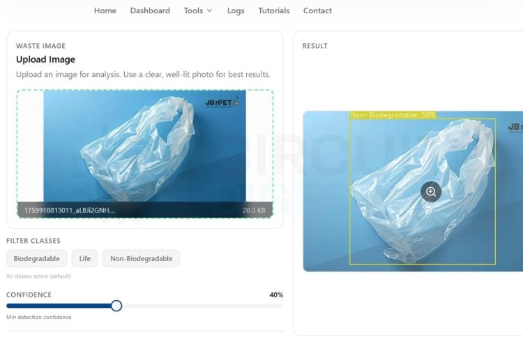 CircuitDigest Cloud API test result showing biodegradable and non-biodegradable waste detection with confidence scores