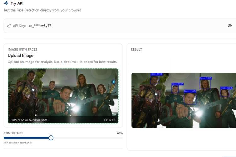 CircuitDigest Cloud Face Detection API test result showing detected faces, face count, and confidence values for an uploaded image