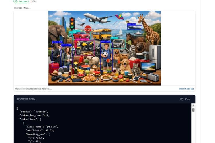 CircuitDigest Cloud API test result showing object detection on a sample image with bounding boxes
