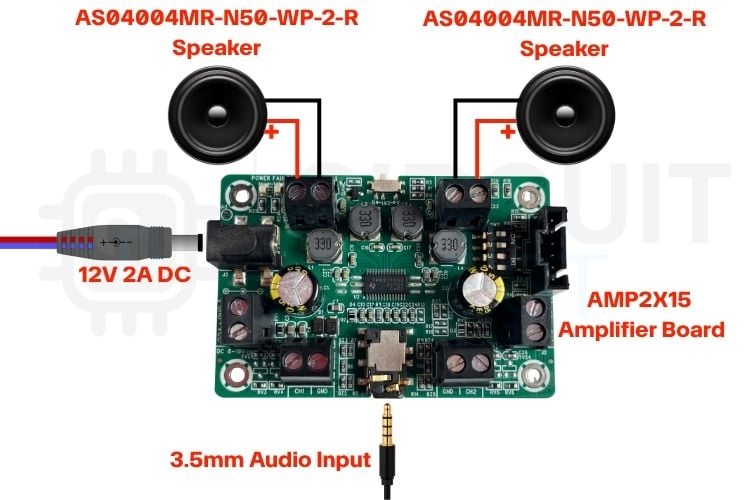 Two PUI AS04004MR-N50-WP-2-R speakers connected to the PUI AMP2X15 in stereo mode