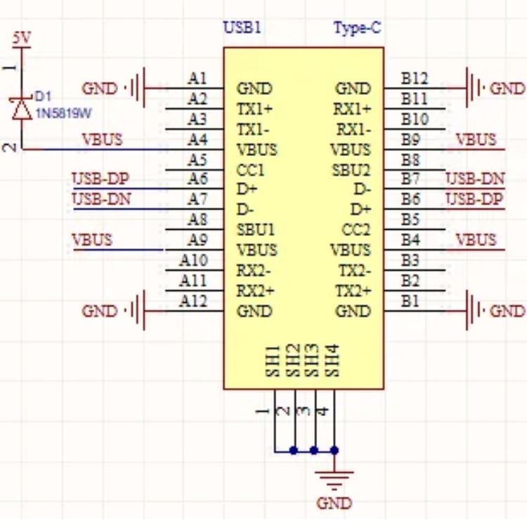 ESP32-2424S012C USB Type-C connector circuit with D+ D- on GPIO19 GPIO18 and Schottky diode for reverse polarity