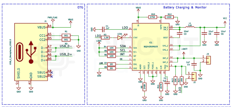 USB-C power input circuit and BQ24250 battery charging schematic for ESP32 voice assistant
