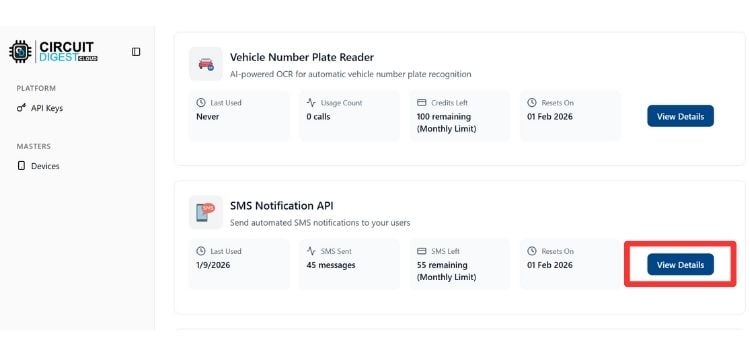 Select view Details on SMS Notification API on Page