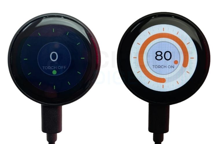 VirtualTorch LVGL project on ESP32 round display showing torch button with circular arc brightness slider before and after activation