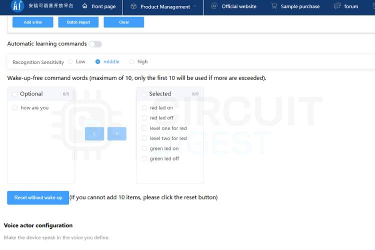 Wake-free command selection table in the Ai-Thinker SDK showing checkboxes to enable up to 10 commands that work without a wake word Wake-free command configuration – select up to 10 offline voice commands that can be triggered without repeating the wake word