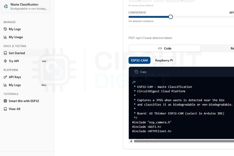 Arduino IDE showing the ESP32-CAM waste detection sketch with API key and Wi-Fi configuration