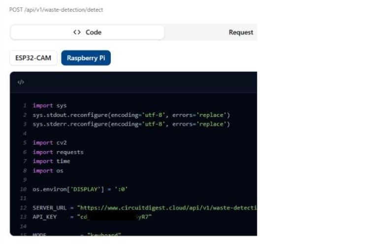 Python code in Thonny IDE for Raspberry Pi waste segregation system using CircuitDigest Cloud API