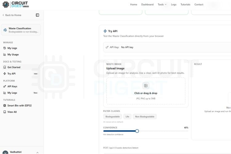 CircuitDigest Cloud Waste Detection Try API interface showing image upload and Run Test button