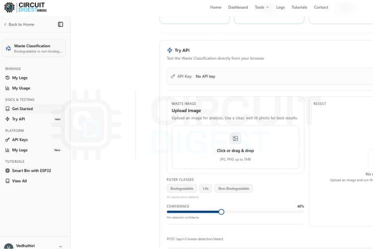 Try API section of CircuitDigest Cloud with confidence threshold slider for waste detection