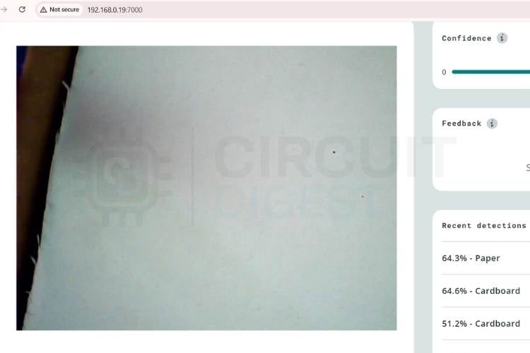 Web dashboard showing real-time object detection output for the automatic waste segregation system — displaying detected waste class and confidence score