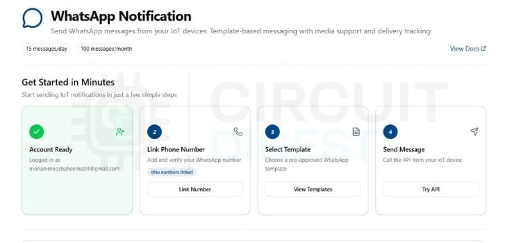 Linking a WhatsApp number for automated air quality alerts on CircuitDigest Cloud
