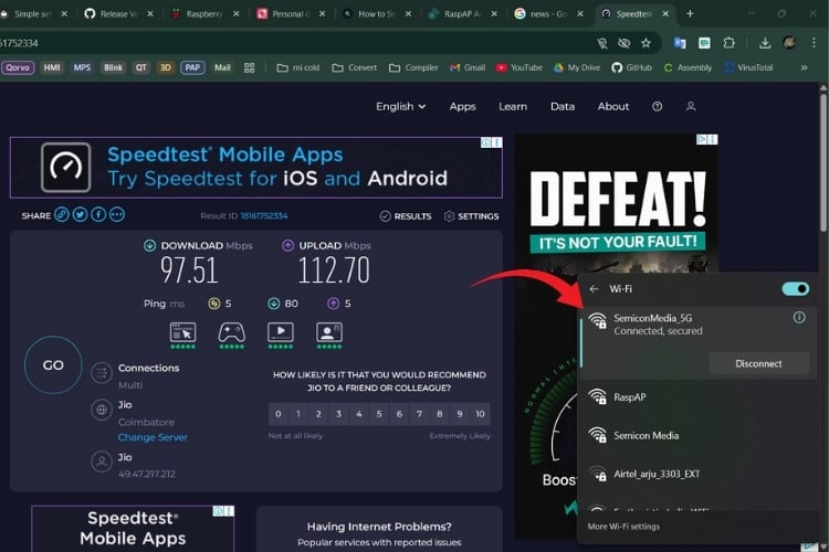 WiFi speed test results for Raspberry Pi wireless router configuration
