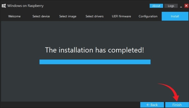 WoR Imager success screen after completing Windows 11 ARM installation on Raspberry Pi