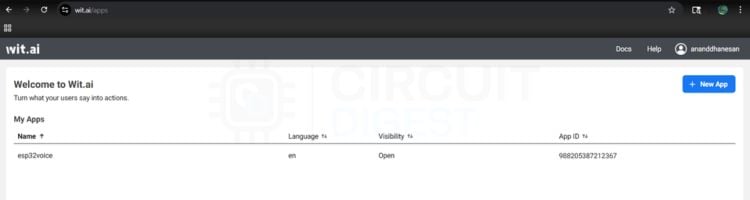 Wit.ai welcome screen showing the New App button for ESP32 speech recognition setup Wit.ai welcome screen — click "+ New App" to begin your ESP32 speech recognition project