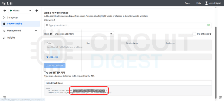 Wit.ai Settings page showing the HTTP API Server Access Token (Bearer token) needed for Raspberry Pi Pico TTS
