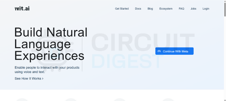 Wit.ai homepage showing the sign-in button — starting point for creating an account to enable ESP32-C3 text to speech using AI