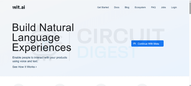 Wit.ai homepage — sign-in screen used to create a free account for Raspberry Pi Pico TTS