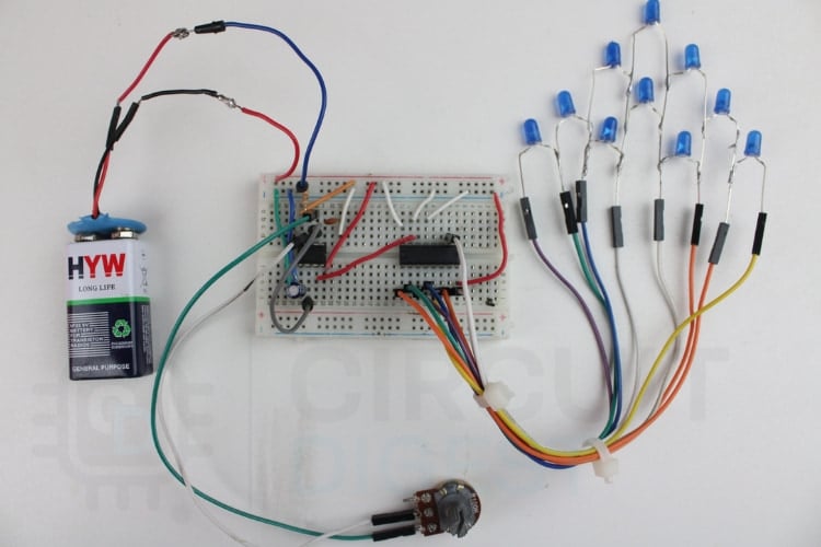 Working LED chaser circuit showing sequential LED illumination pattern