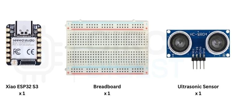 Complete components for Seeed Studio XIAO ESP32 SMS alert project including HC-SR04 sensor and jumper wires