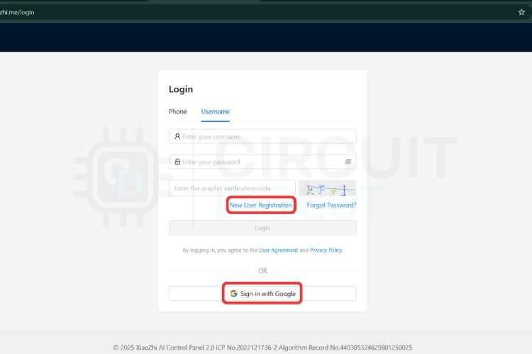 Xiaozhi.me login page for ESP32 AI voice assistant cloud service registration