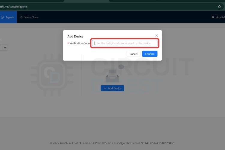Xiaozhi device verification code entry for pairing ESP32 AI voice assistant
