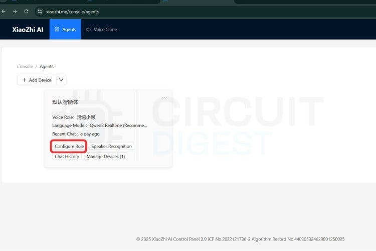 Xiaozhi agent dashboard with the Configure Role option