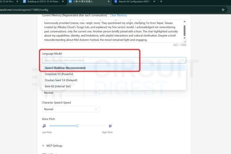Xiaozhi language model selection dropdown for choosing AI backend in ESP32 voice assistant