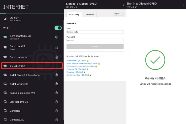Xiaozhi Wi-Fi configuration page for connecting ESP32 voice assistant to home network