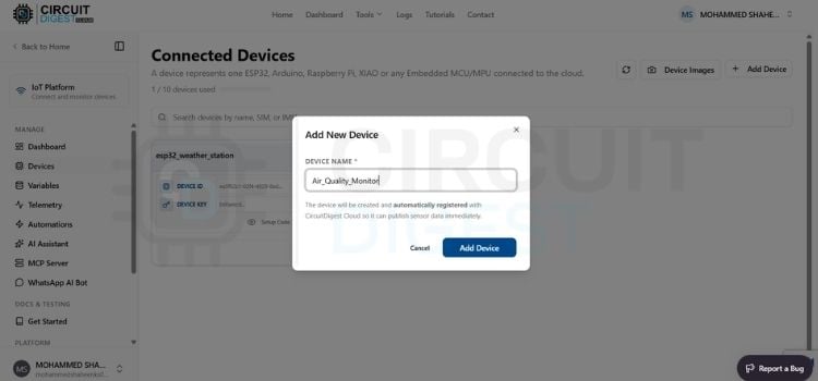 Adding a new device on CircuitDigest Cloud dashboard for ESP32 air quality monitor