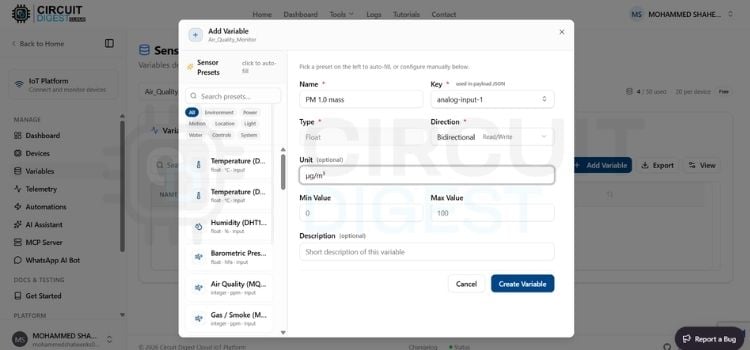 Creating a new variable on CircuitDigest Cloud for PM sensor data