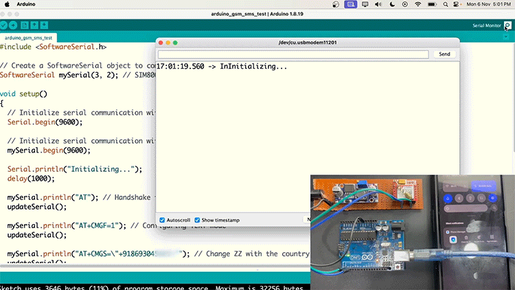 sim800l sms arduio code working
