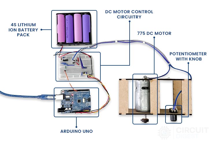 Overall Circuit Assembled Image of Arduino DC Motor Speed Control using MOSFET