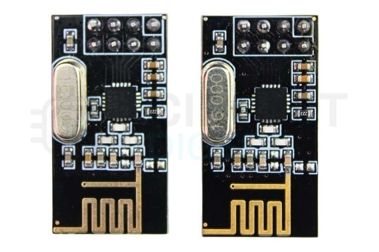 nRF24L01 wireless transceiver module pinout showing VCC, GND, CE, CSN, SCK, MOSI, MISO, and IRQ pins used for Arduino Nano SPI communication in the gesture control robot