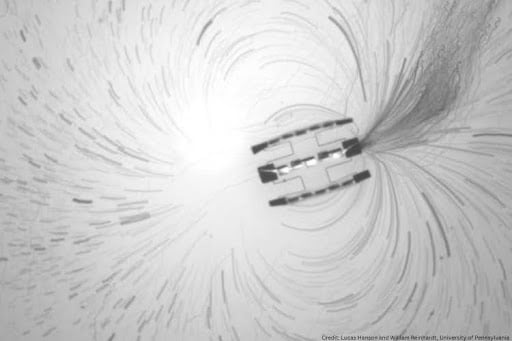 A projected timelapse of tracer particle trajectories near a robot