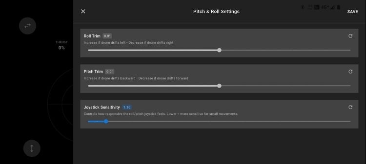 LiteWing App Pitch & Roll Settings