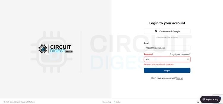 CircuitDigest Cloud sign up and login screen